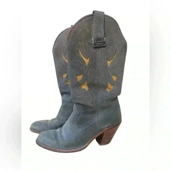 Laredo women’s suede heel gray with mustard yellow inlays accent sz 7 vintage - Picture 1 of 11